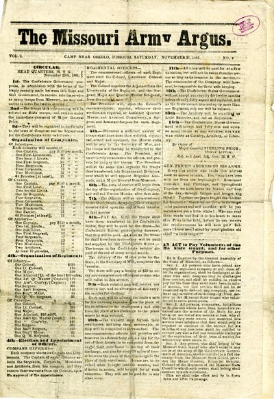 Comprend des circulaires et des lettres imprimées, une proclamation et un message aux femmes du Missouri - Missouri Army Argus